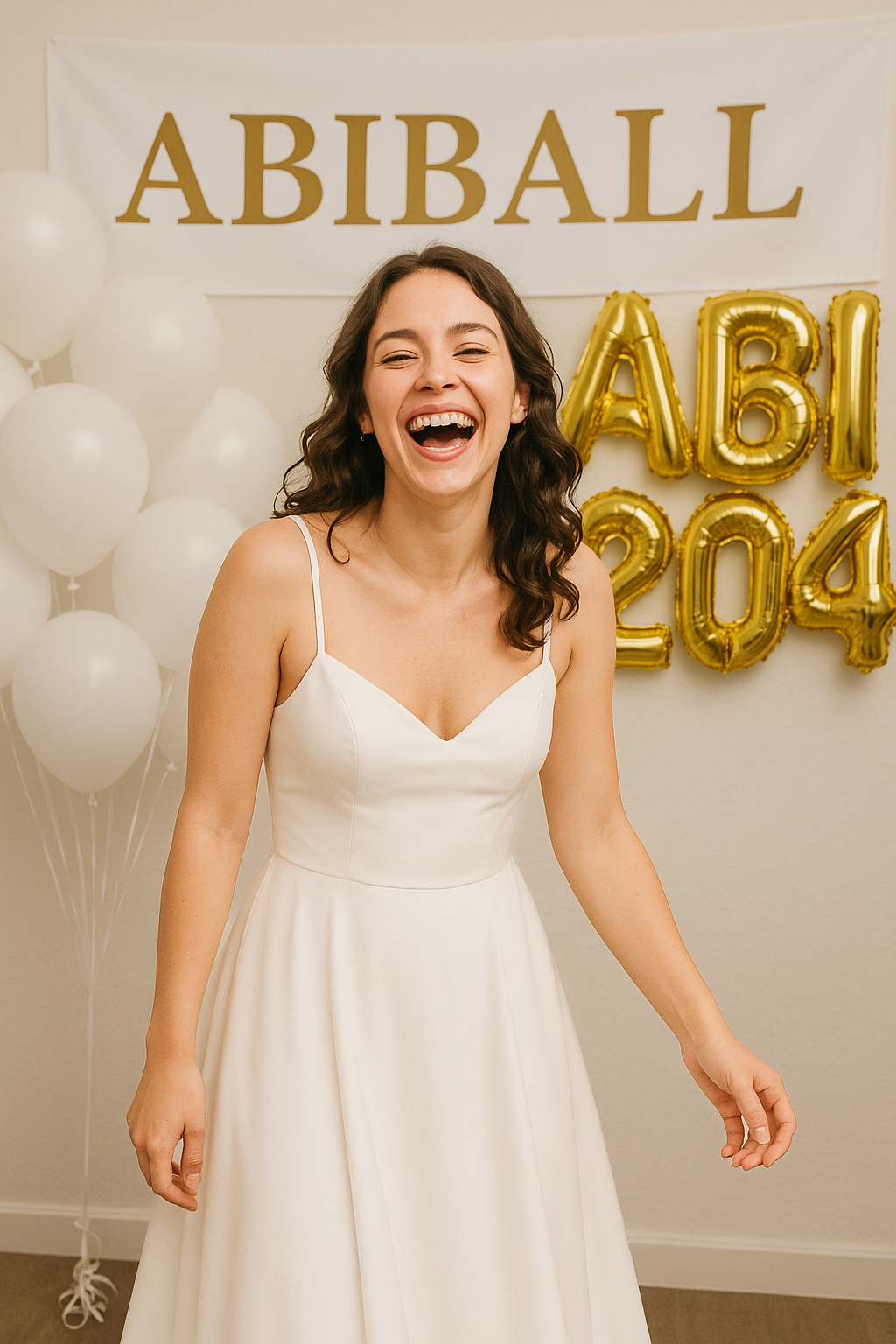 Abiball 2025 NRW Frau mit Luftballons AbiballFotograf 2025 junge Frau im Fotoset, weisses kleid