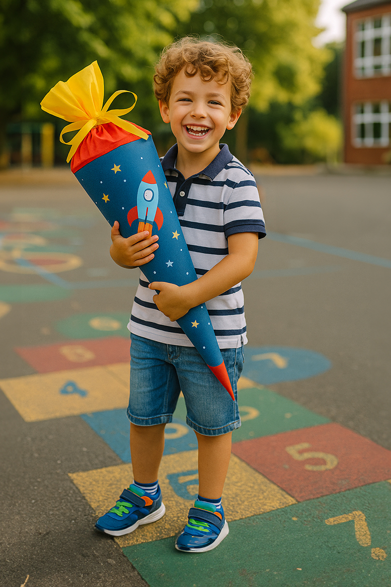 Einschulung Bochum Fotograf junge mit Schultüte am ersten Schultag – fotografiert vom Einschulung Bochum Fotograf