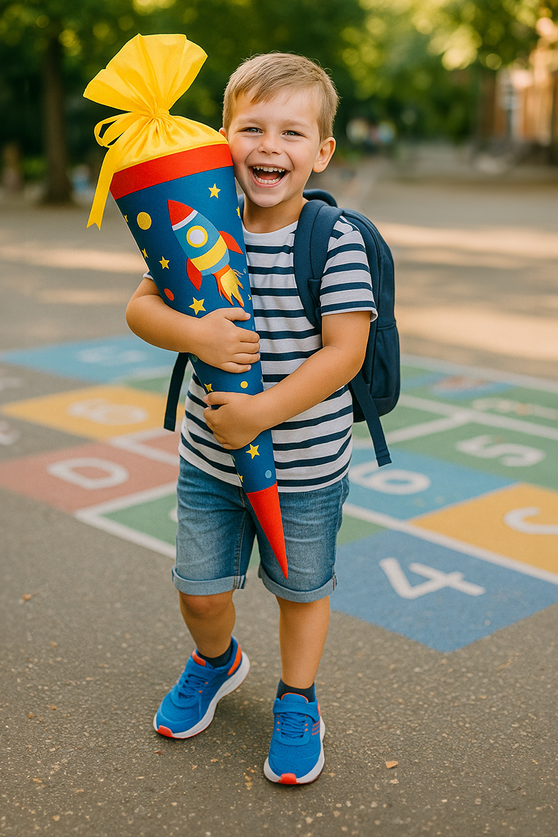 Einschulung Gelsenkirchen Fotograf junge mit Schultüte am ersten Schultag – fotografiert vom Einschulung Gelsenkirchen Fotograf