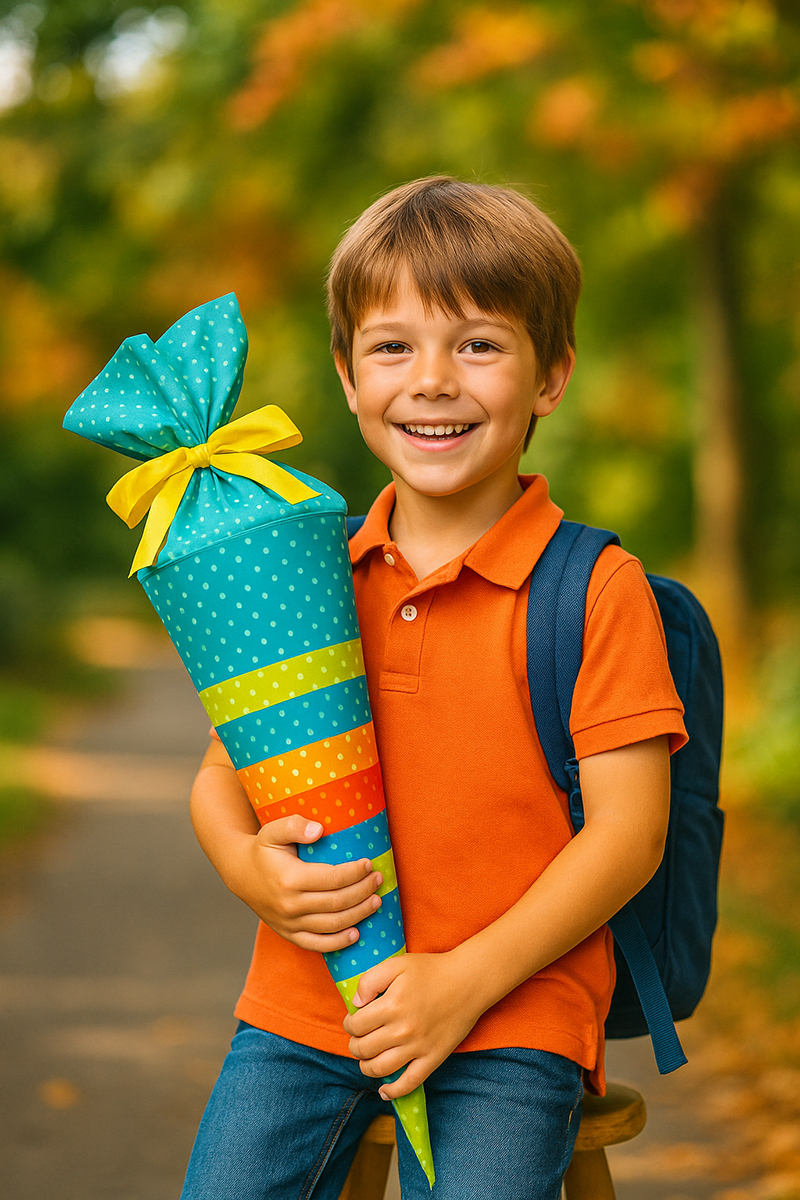 Einschulung Hattingen Fotograf Junge mit Schultüte am ersten Schultag – fotografiert vom Einschulung Hattingen Fotograf