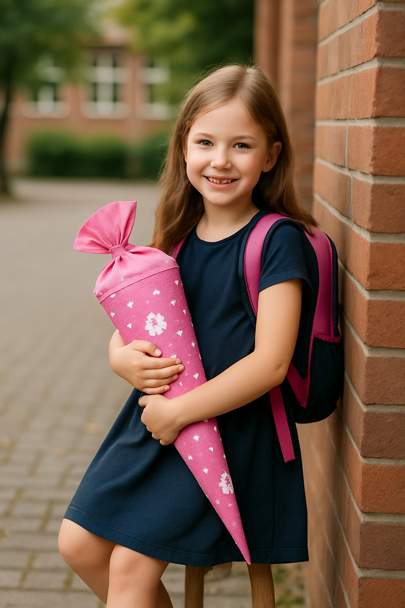 Einschulung Oberhausen Fotograf Mädchen mit Schultüte am ersten Schultag – fotografiert vom Einschulung Oberhausen Fotograf