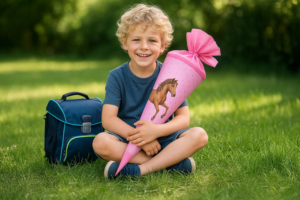 Junge mit Schultüte im Grünen Einschulung Bochum Fotograf Junge mit Schultüte Einschulung Fotograf Bochum
