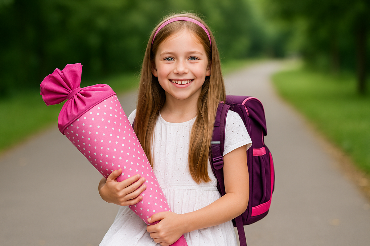 einschulung Fotograf Hamm Mädchen mit Schultüte am ersten Schultag – fotografiert vom Einschulung Hamm Fotograf