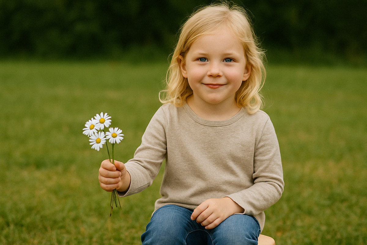 Kitafotograf NRW Kind auf einem Hocker mit Blume Kitafotograf NRW