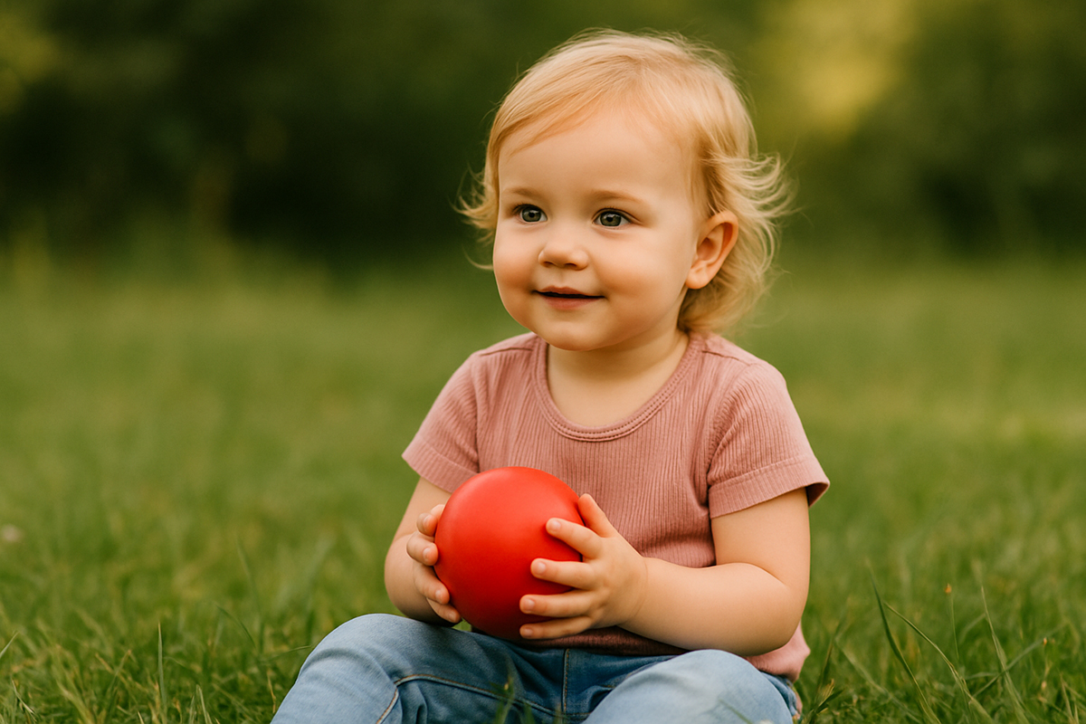 Kitafotografie und Schulfotografie Bochum U3 Kitafotografie und Schulfotografie Bochum U3 Kind sitzt im Gras mit Ball
