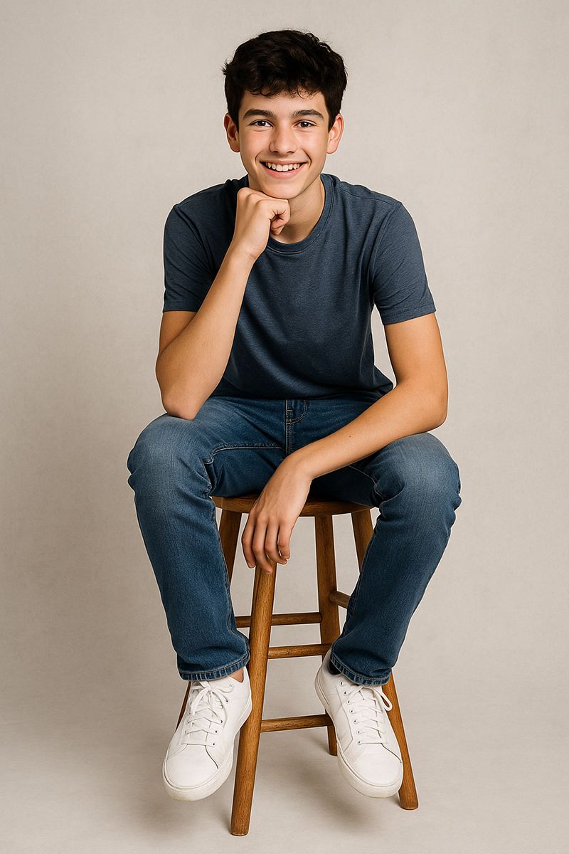 Schulfotograf Bochum junge hochhocker Schulfotograf Bochum ganzkörper junge auf hochhocker