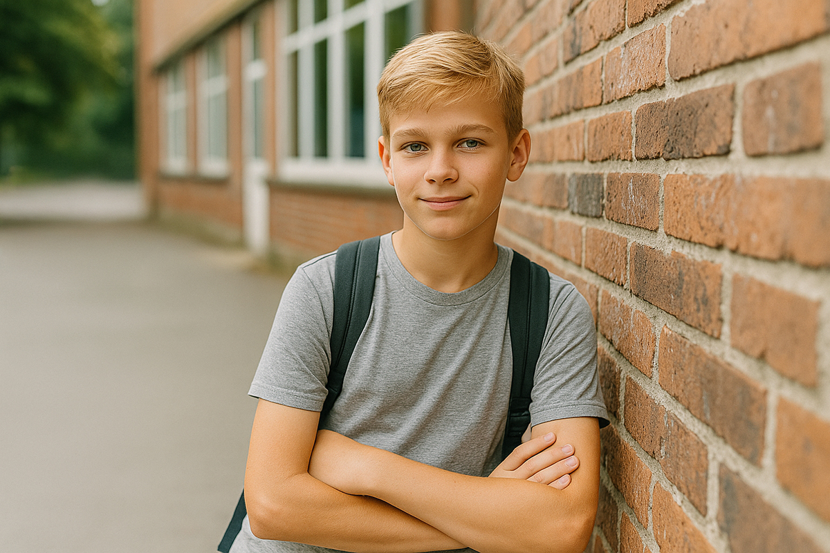 Schulkind an der Mauer beim Schulfotograf Schulfotograf Dortmund outdoor