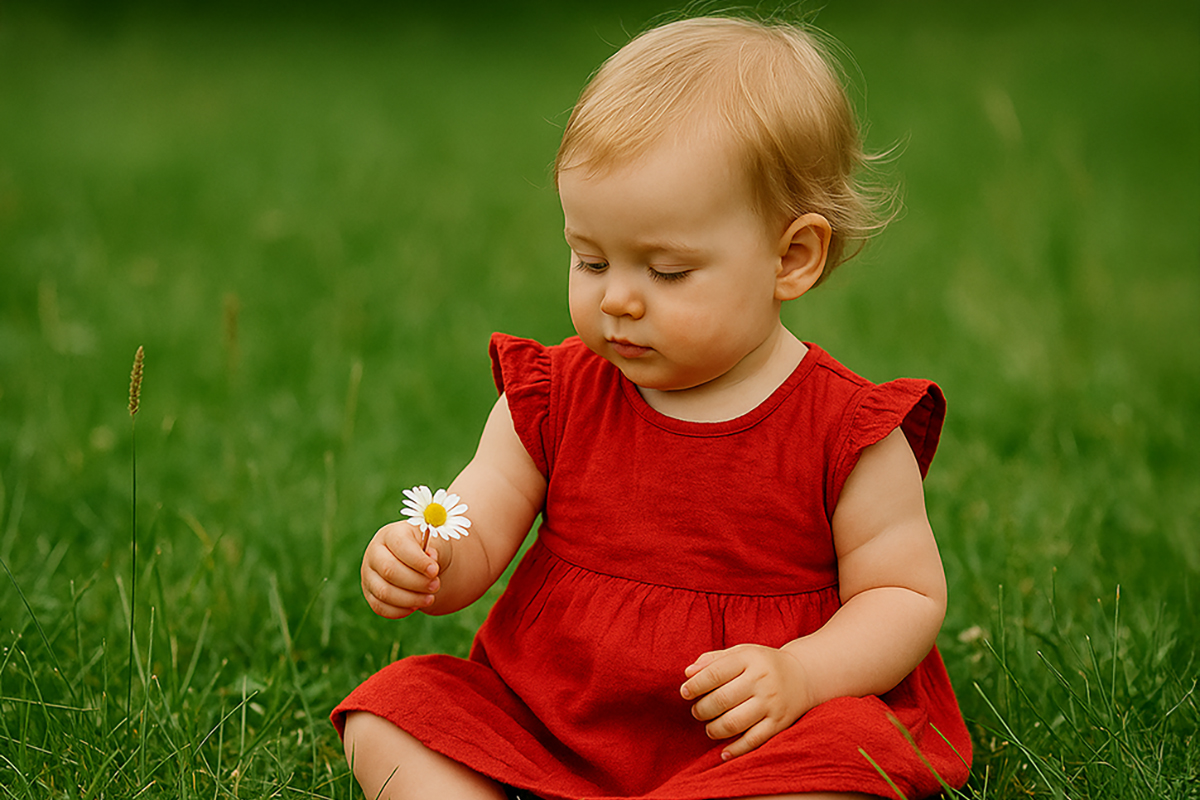 kind mit Blume u3 Fotograf Kita Kind in der U3-Betreuung beim Spielen – authentische Kitafotografie